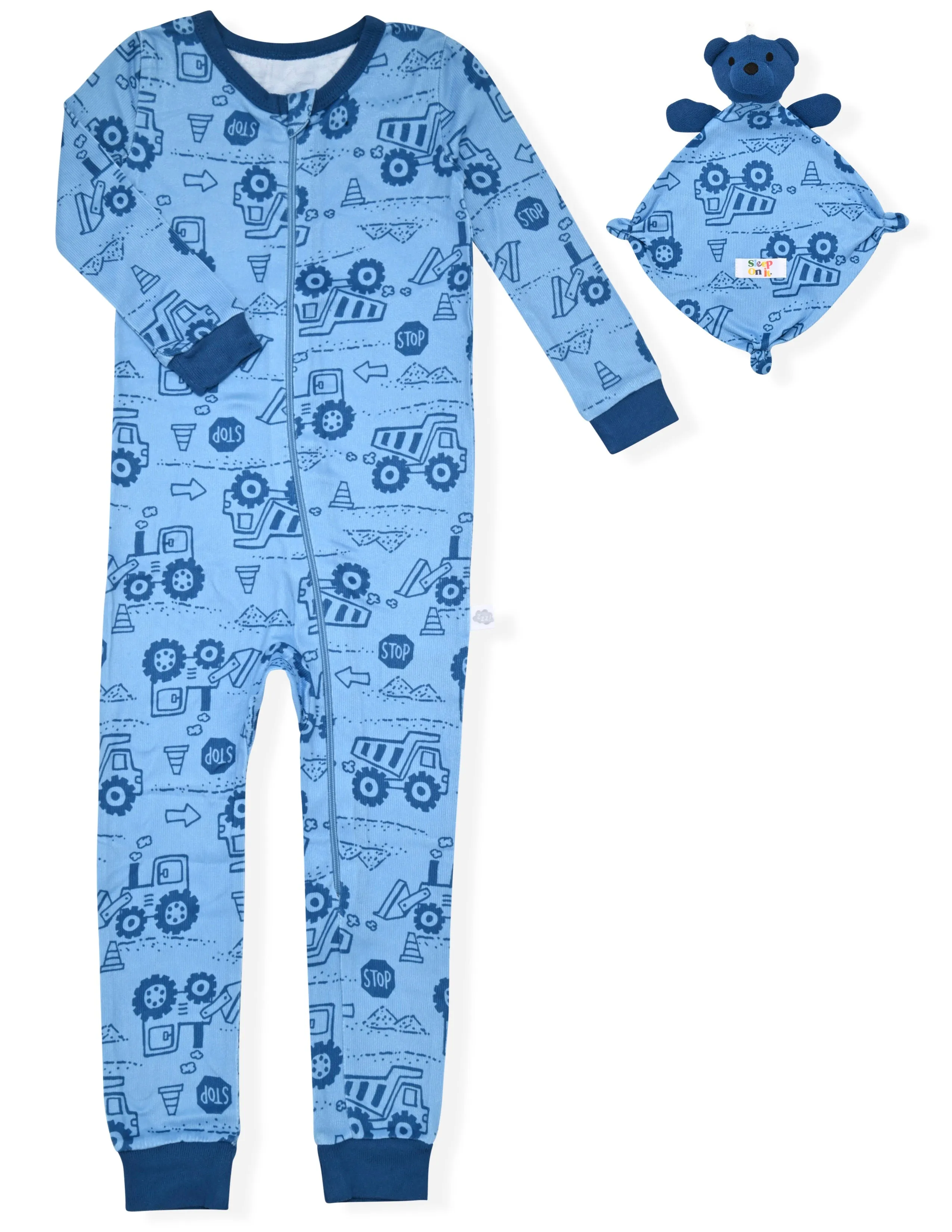 Sleep On It Infant Boys Long Sleeve Super Soft Snuggle Jersey Zip-Up Coverall Pajama with Matching Blankey Buddy - Construction