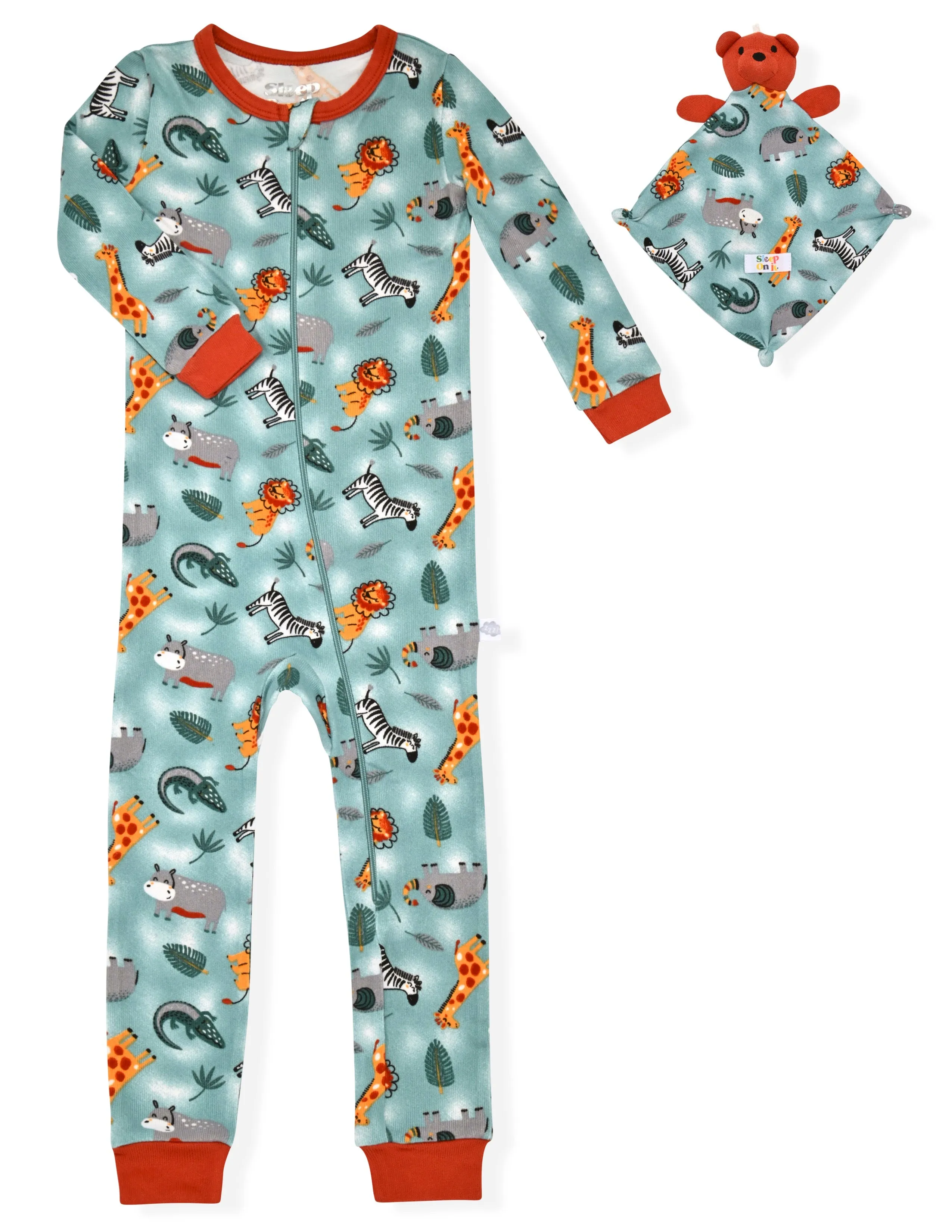 Sleep On It Infant Boys Long Sleeve Super Soft Snuggle Jersey Zip-Up Coverall Pajama with Matching Blankey Buddy - Safari