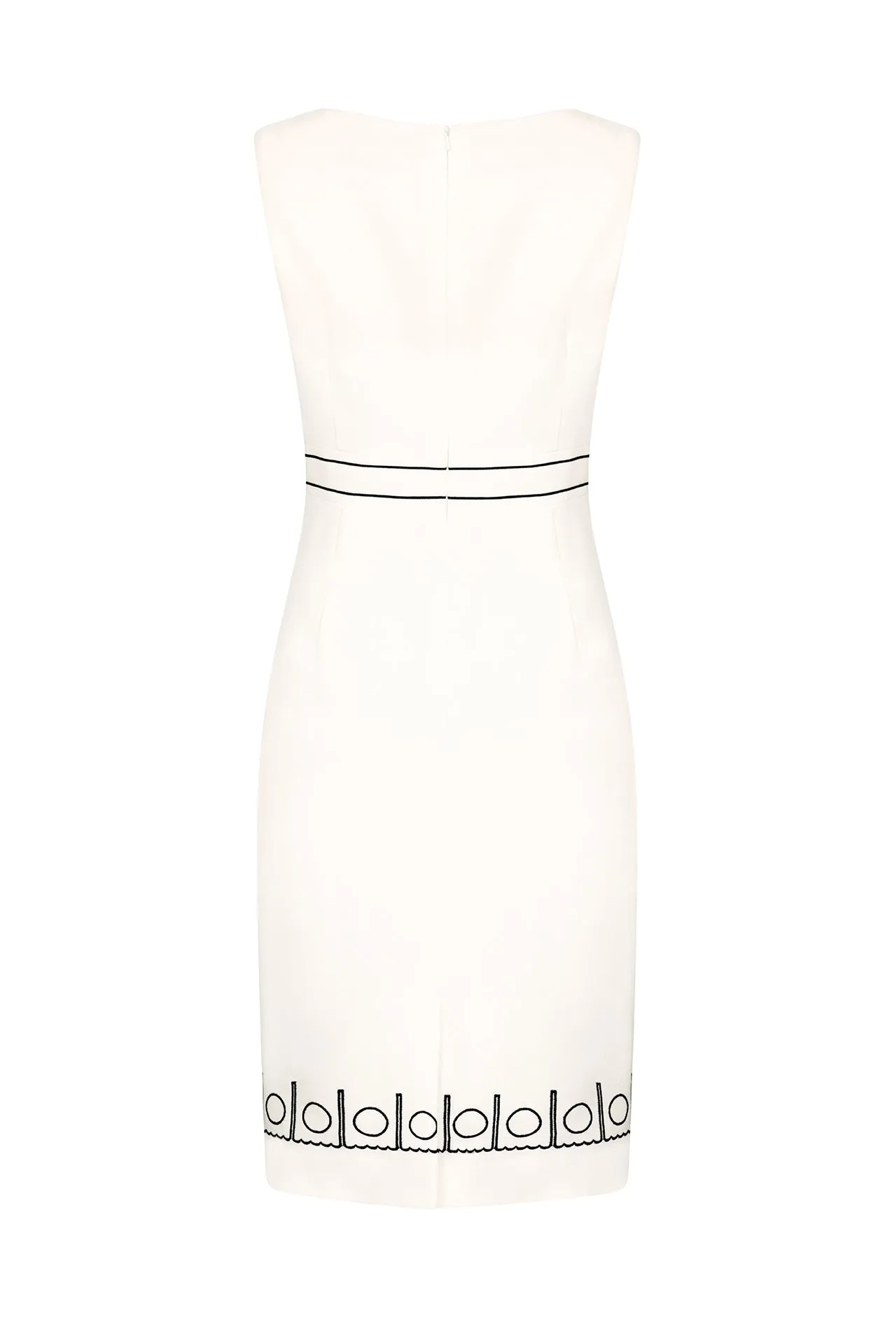 Sleeveless Ivory Faille Shift Dress with Black Embroidery Detail - Aude