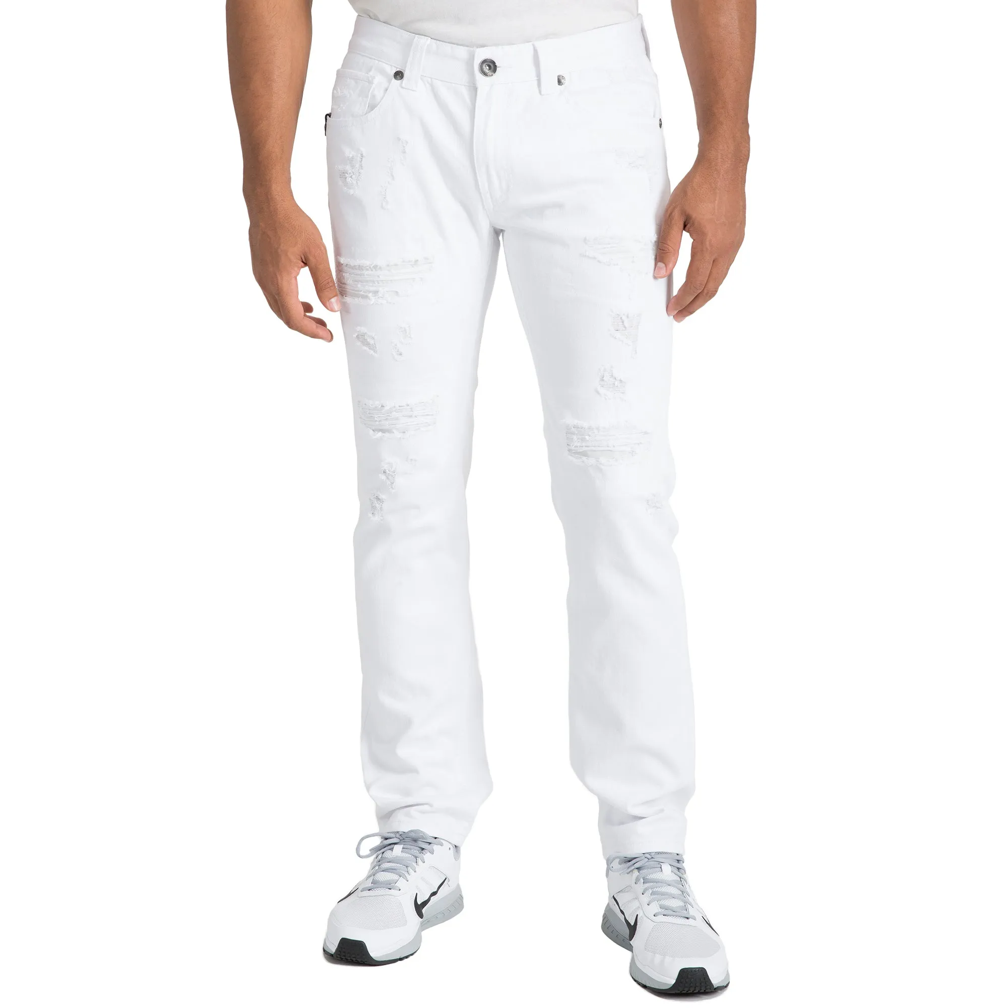 Slim Straight Distressed & Mended White Premium Denim 5 Pocket Jeans