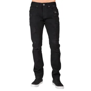 Slim Tapered Leg Overdyed Black Premium Denim Signature 5 Pocket Jean Mended Broken Holes