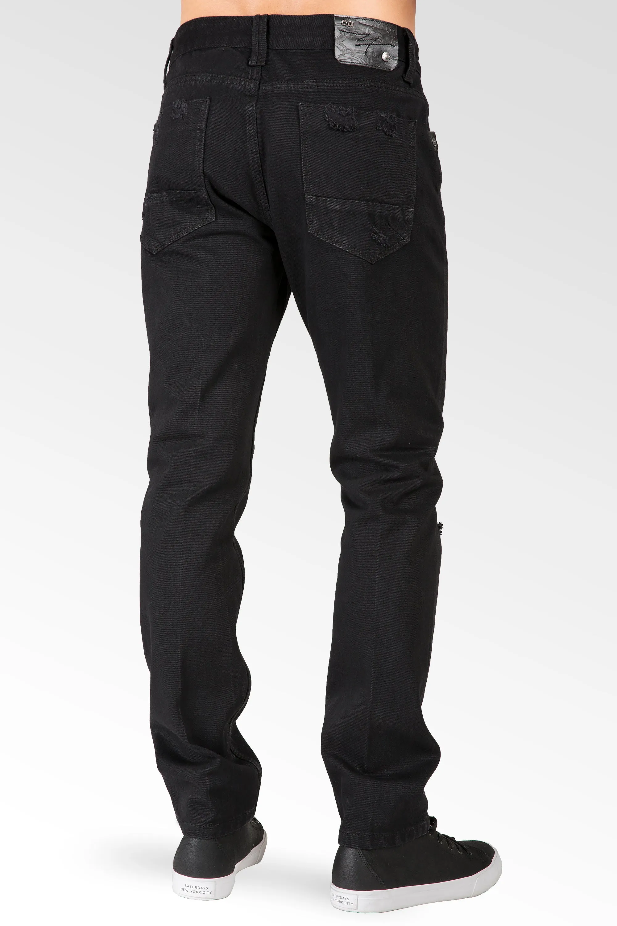 Slim Tapered Leg Overdyed Black Premium Denim Signature 5 Pocket Jean Mended Broken Holes