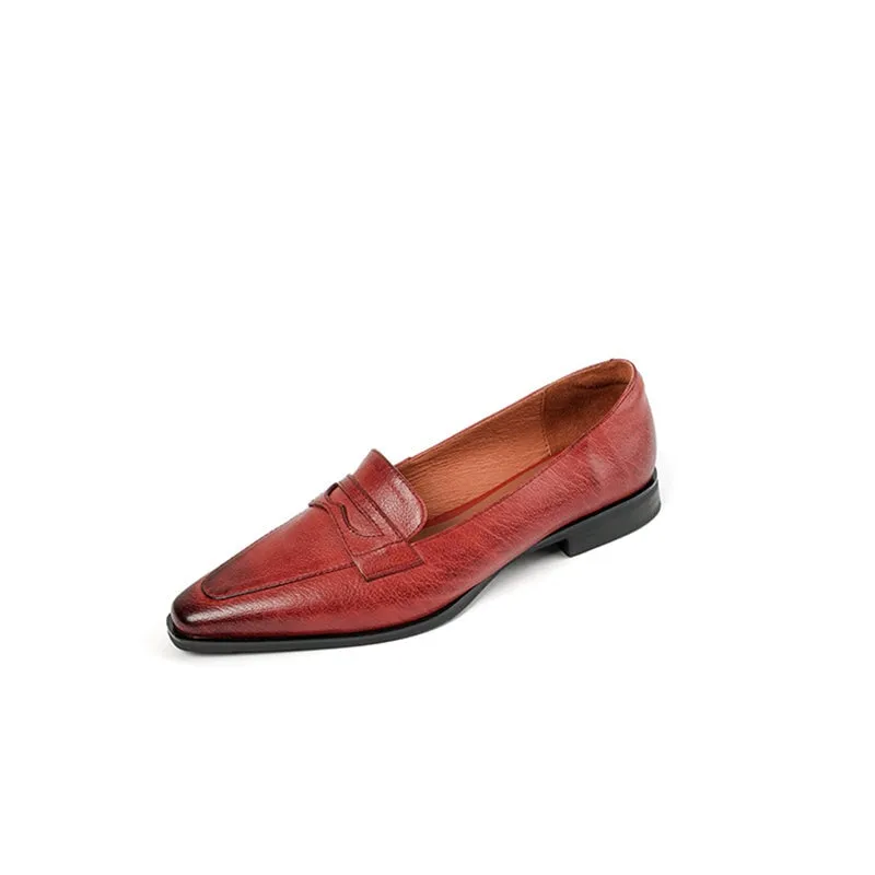 Soft Leather Slip On Flat Loafers in Red/Brown