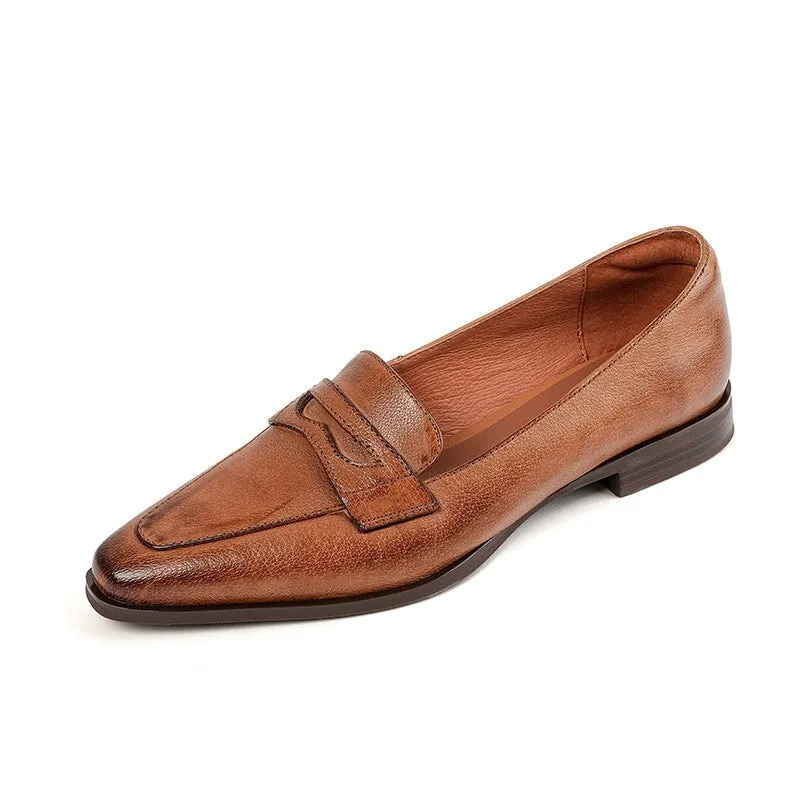 Soft Leather Slip On Flat Loafers in Red/Brown