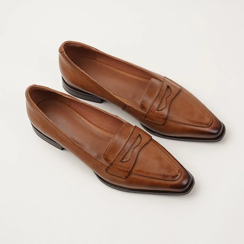 Soft Leather Slip On Flat Loafers in Red/Brown