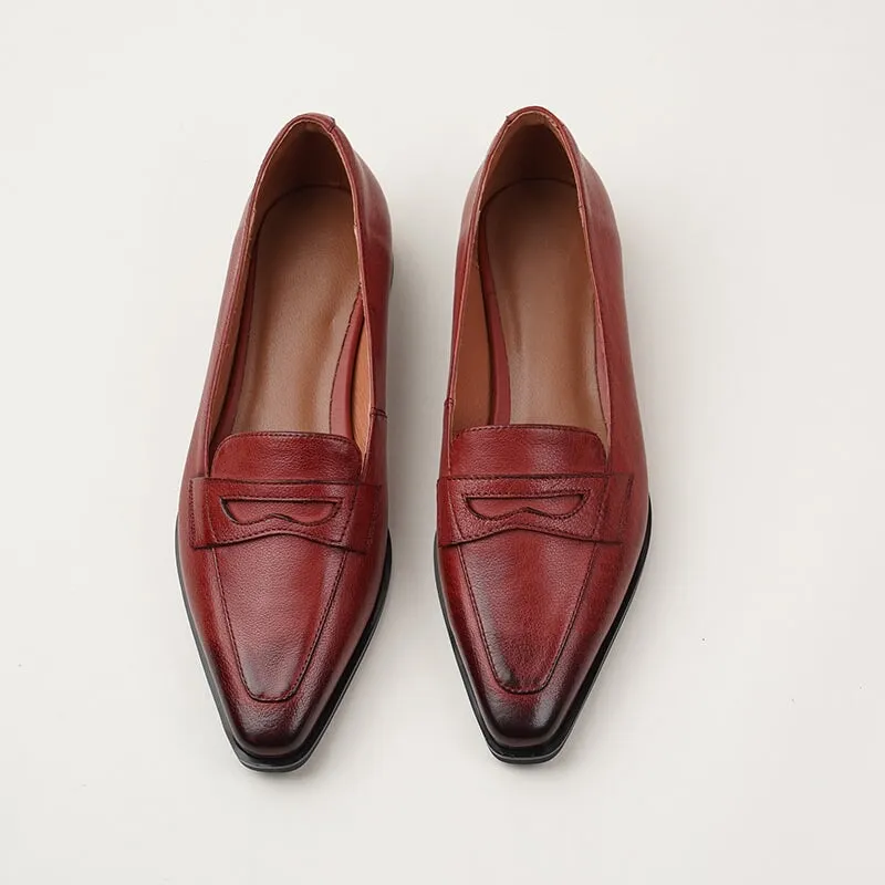 Soft Leather Slip On Flat Loafers in Red/Brown