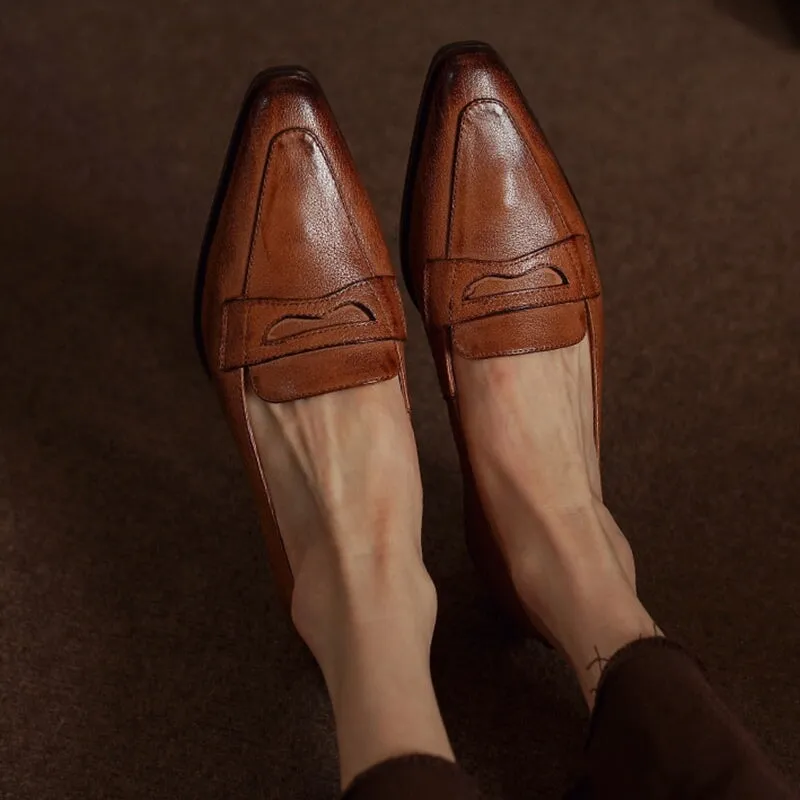 Soft Leather Slip On Flat Loafers in Red/Brown