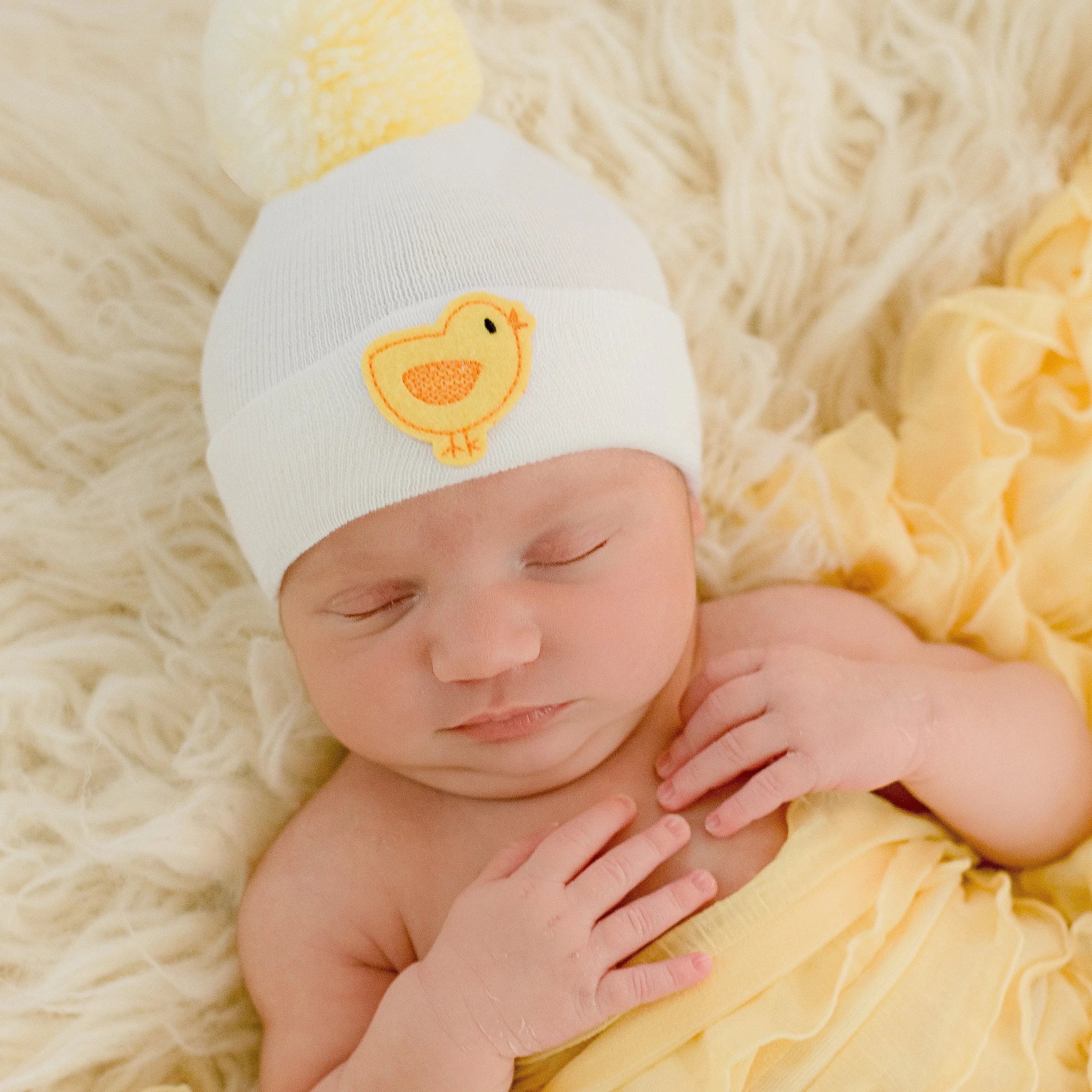 Spring Chick Pom White Newborn Unisex Hospital Hat