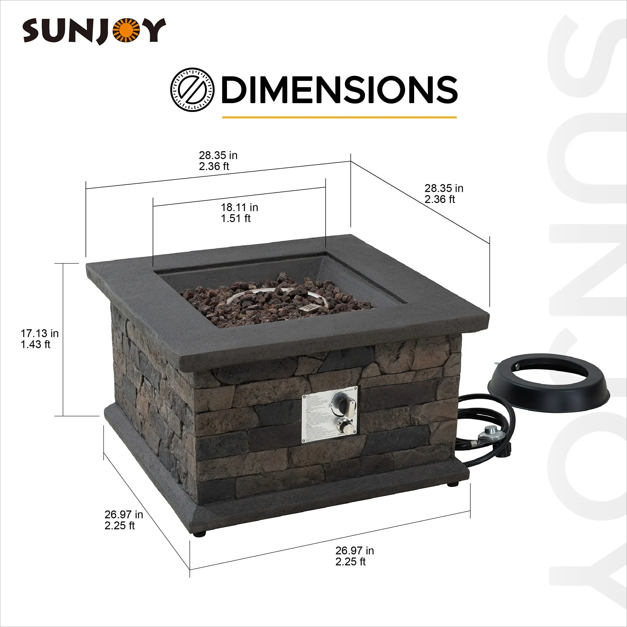 SUNJOY 28 Inch Smokeless Firepit Outdoor Propane Gas Slate Square LP Fire Pit Table with Propane Tank Bracket and Lava Rocks