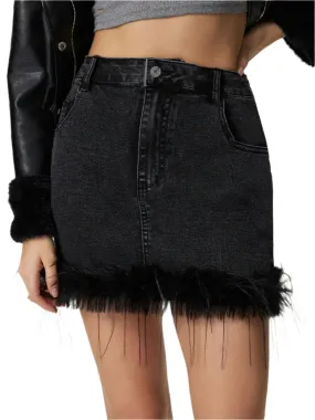 TEEK - Black Plush Hem Mini Denim Skirt