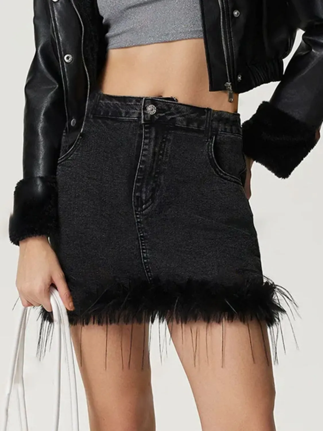 TEEK - Black Plush Hem Mini Denim Skirt