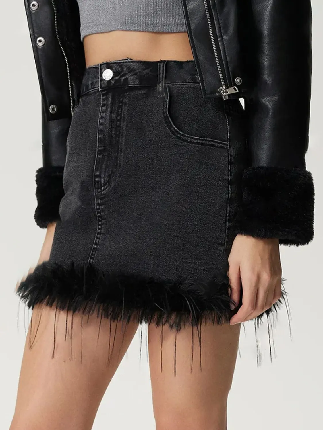 TEEK - Black Plush Hem Mini Denim Skirt