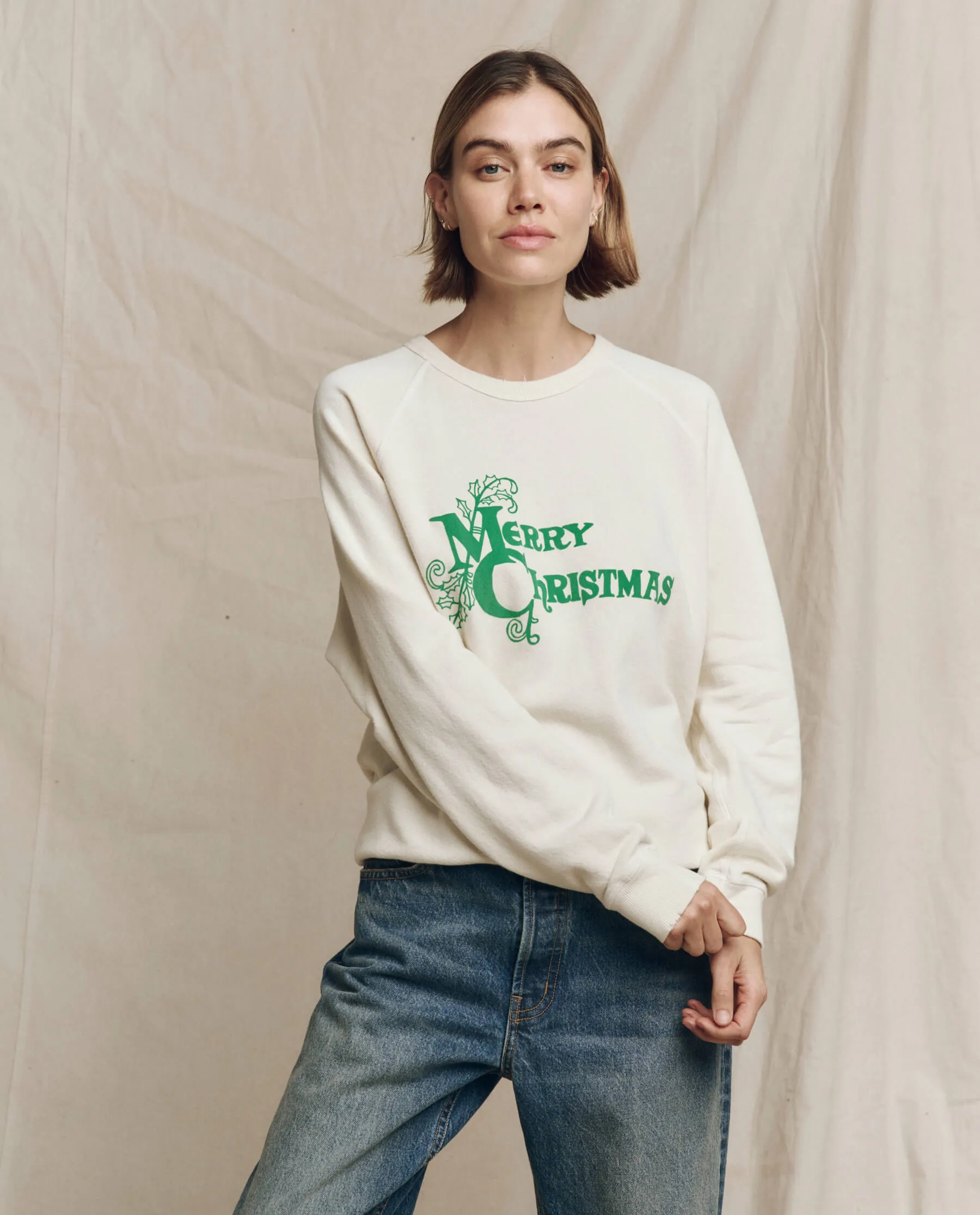 The College Sweatshirt. Graphic -- Washed White with Merry Christmas Graphic