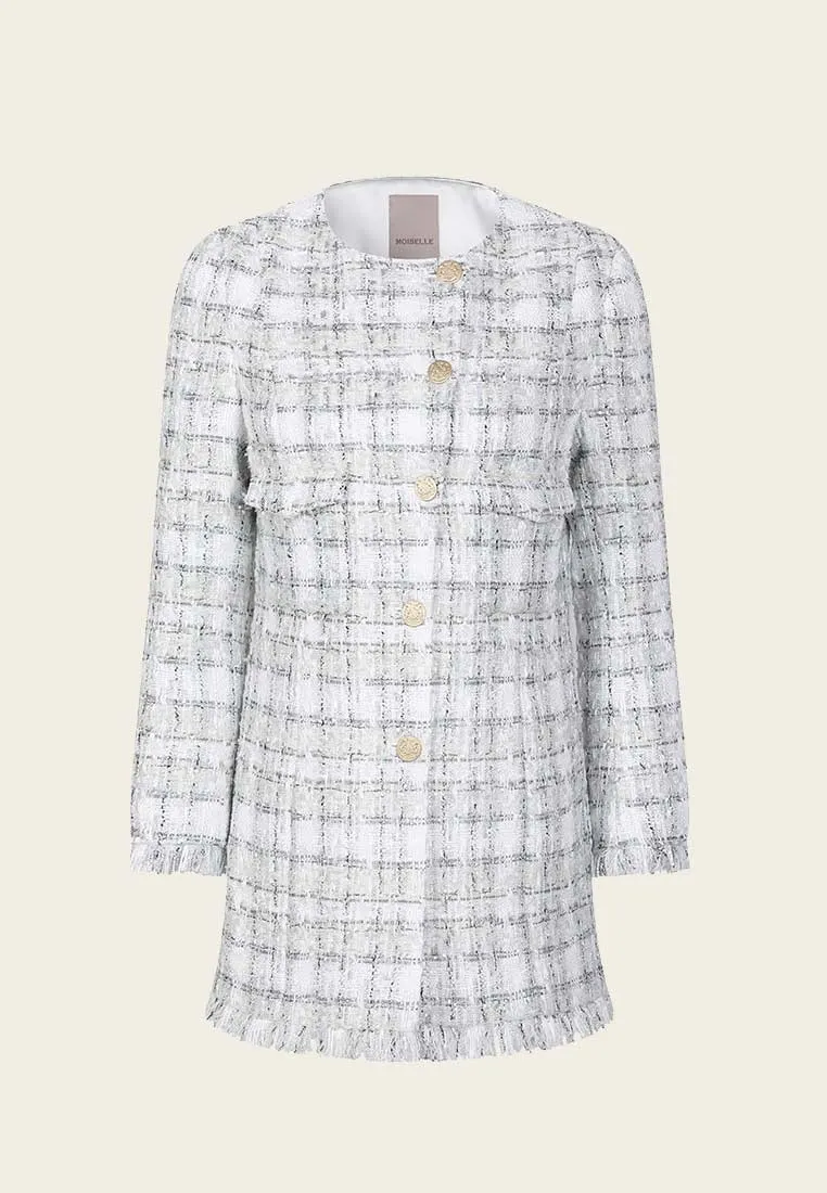 Thigh-Length White Plaid Coat