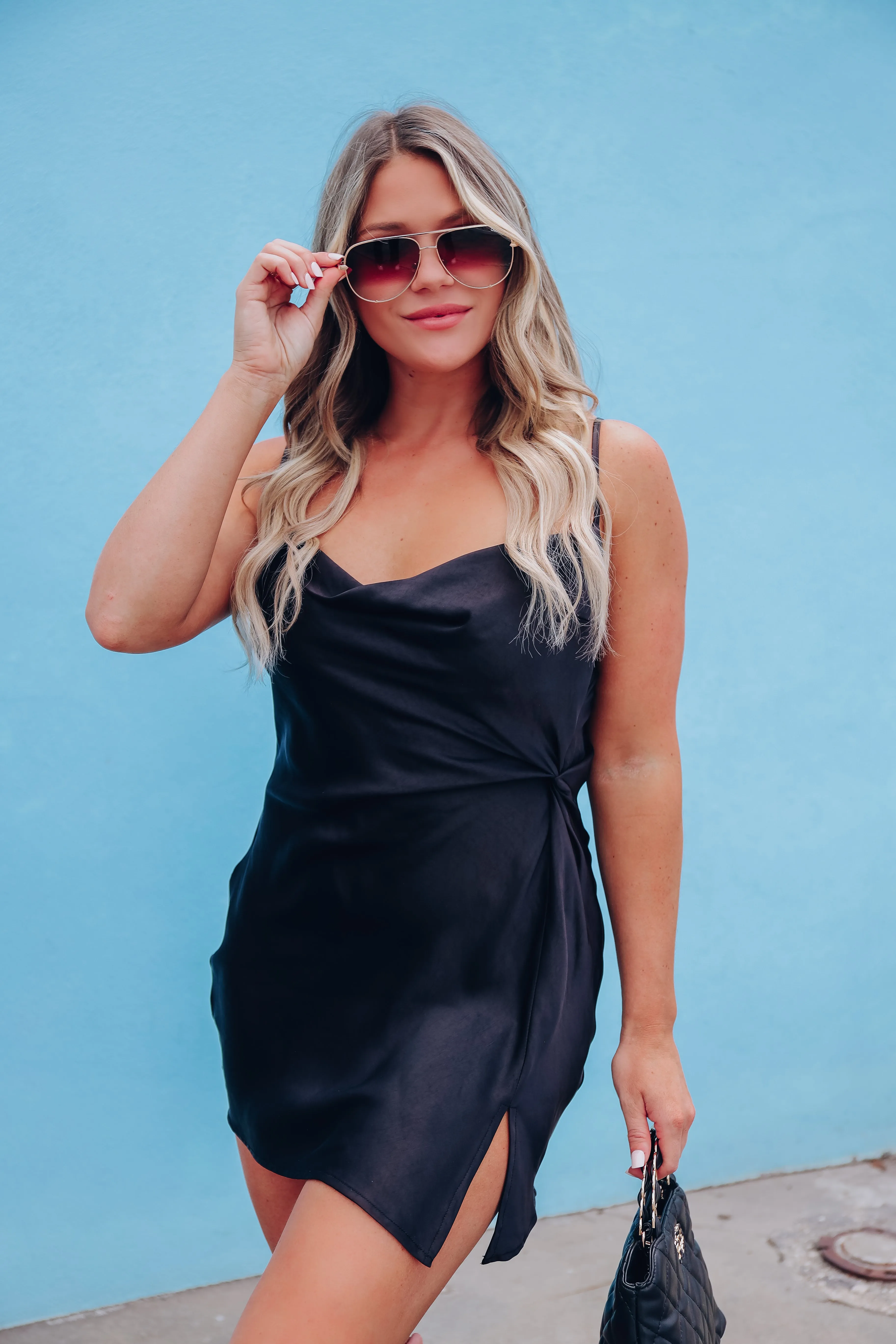 Twisted Lil' Satin Slip Dress - Black