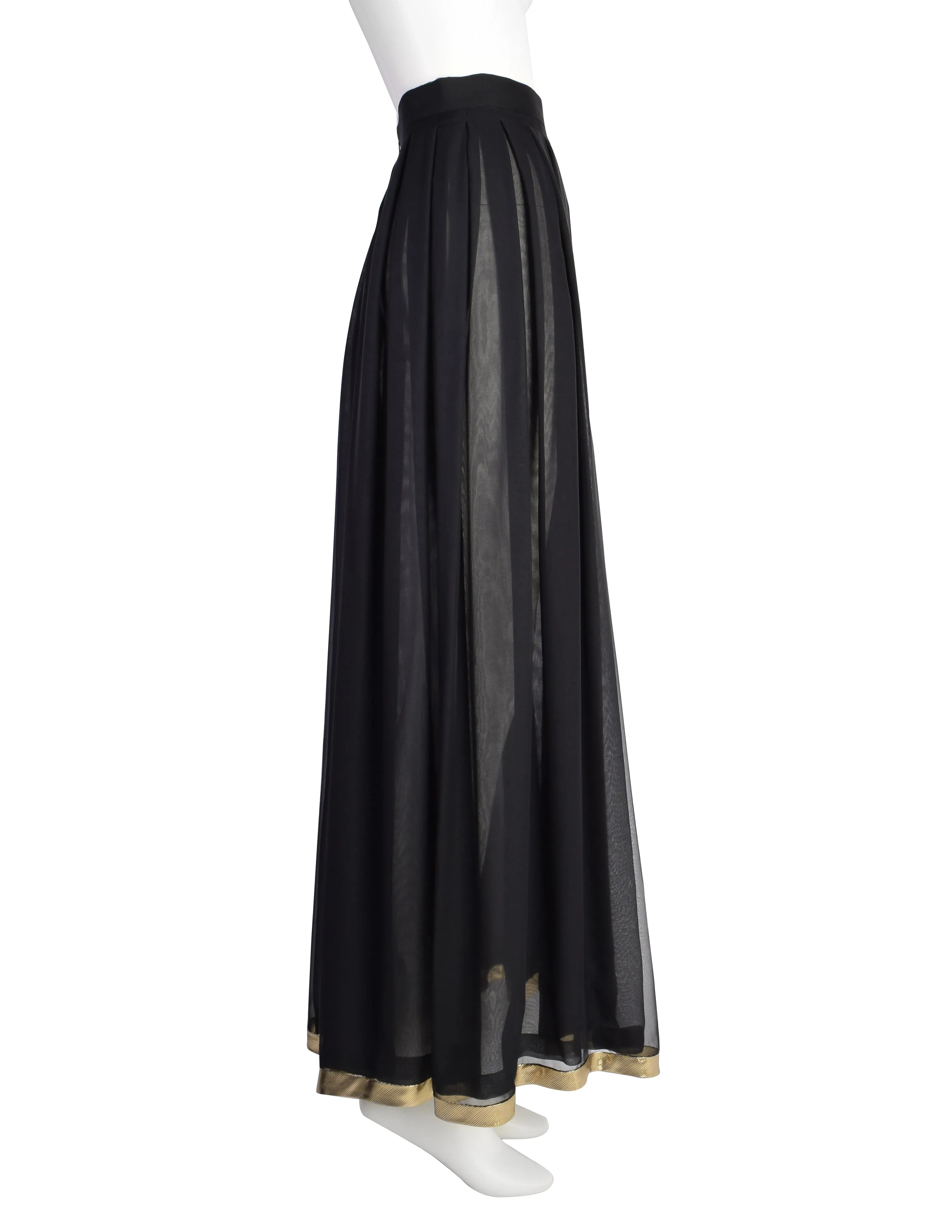 Valentino Vintage Black Sheer Silk Georgette with Metallic Gold Stripe Pleated Full Length Maxi Skirt