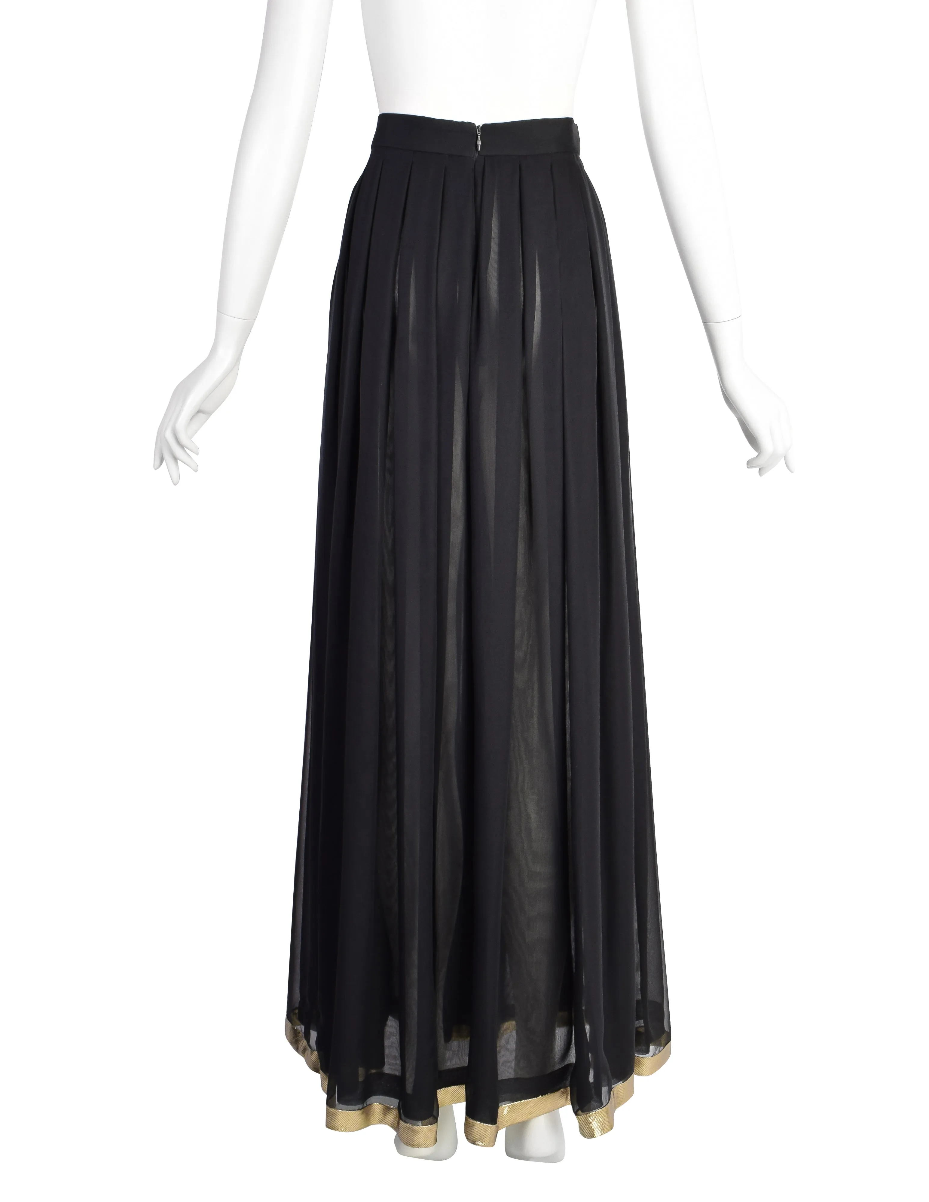 Valentino Vintage Black Sheer Silk Georgette with Metallic Gold Stripe Pleated Full Length Maxi Skirt