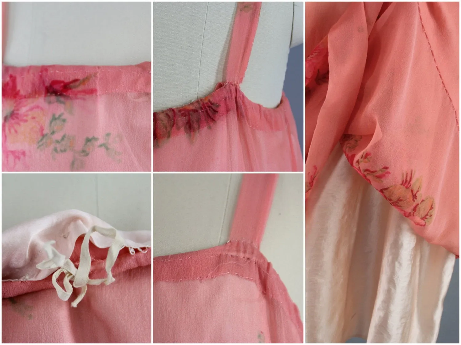 Vintage 1920s Silk Chiffon Dress in Bright Pink Floral Print