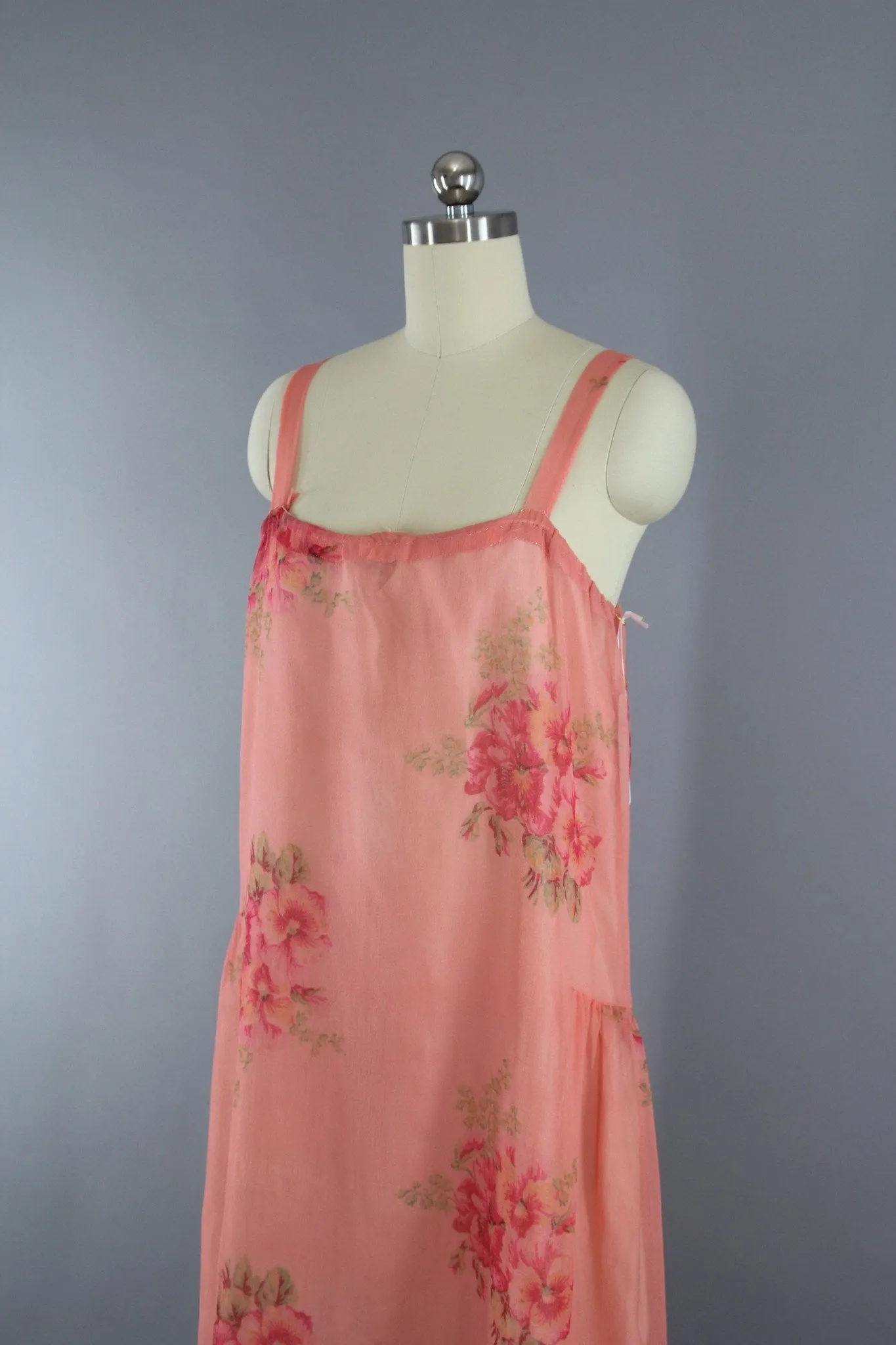 Vintage 1920s Silk Chiffon Dress in Bright Pink Floral Print