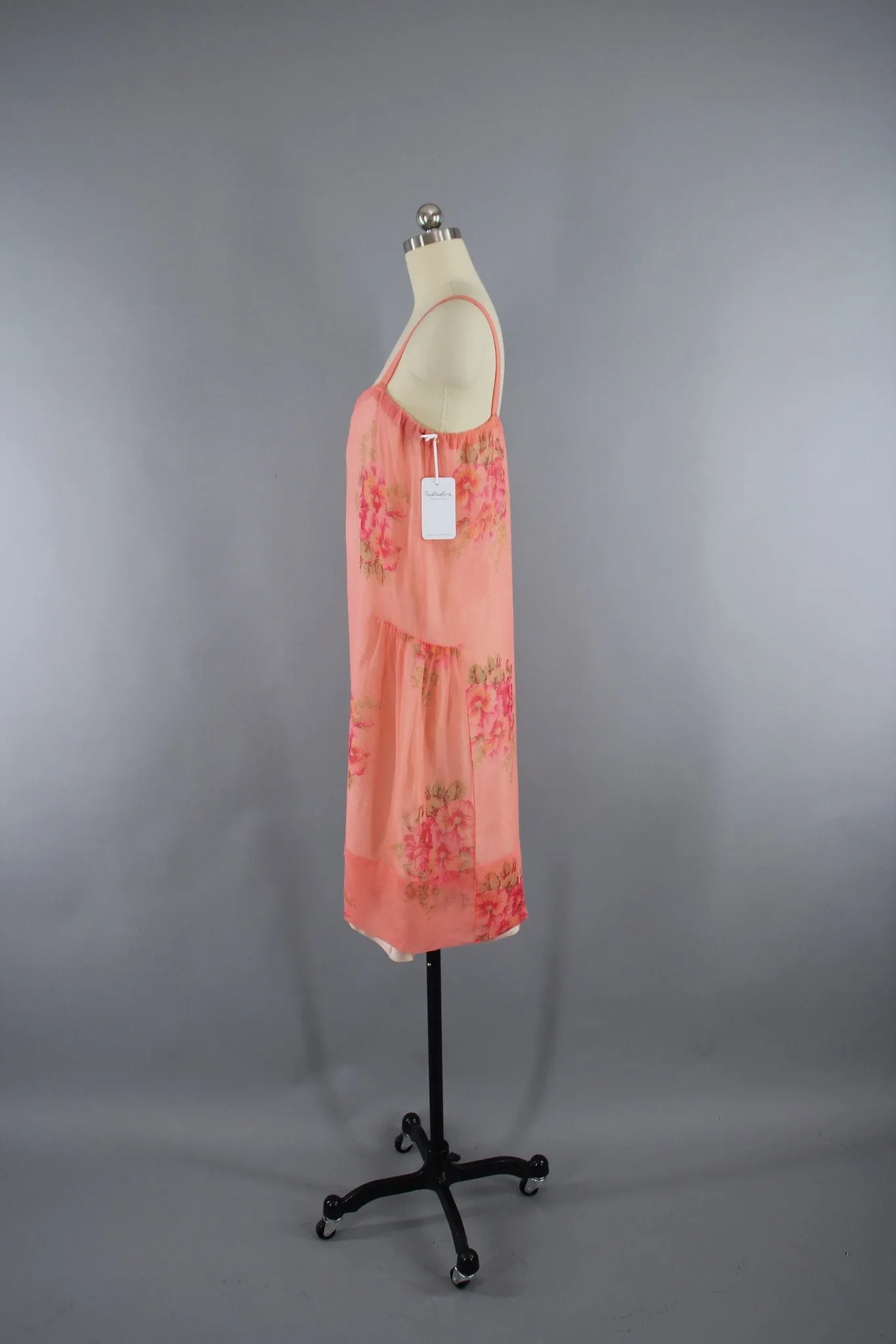 Vintage 1920s Silk Chiffon Dress in Bright Pink Floral Print