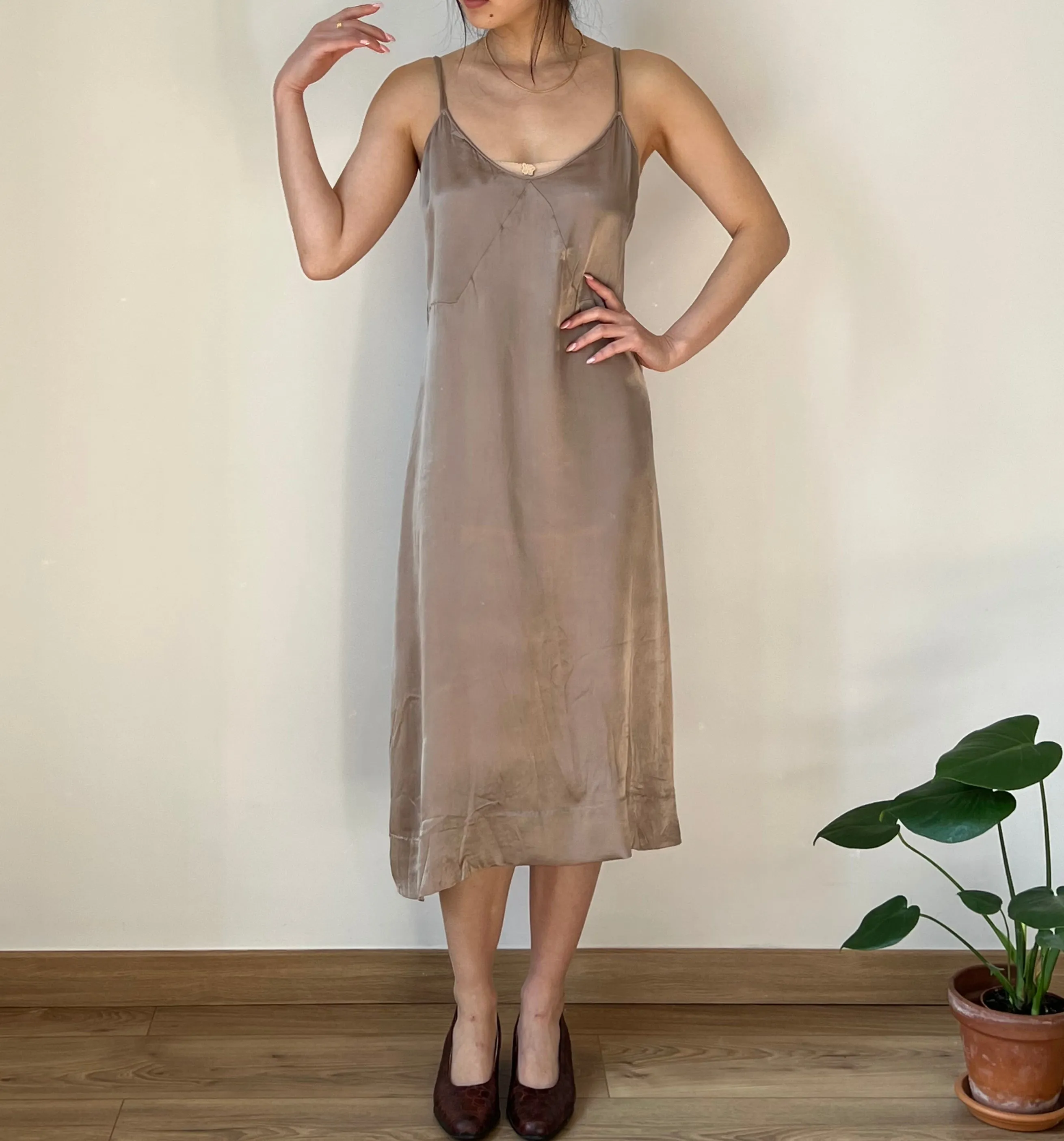 Vintage 30s taupe rayon slip dress