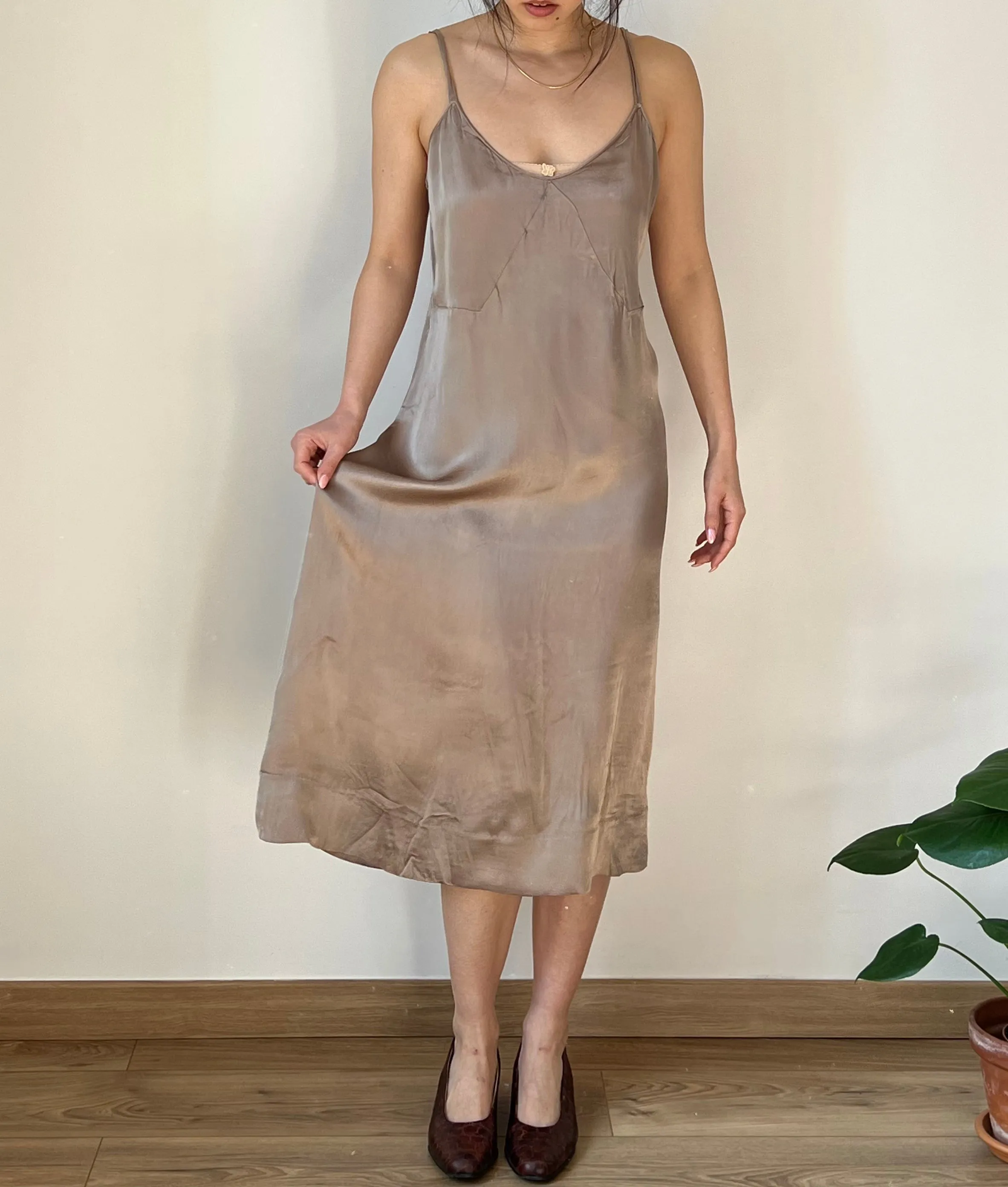 Vintage 30s taupe rayon slip dress