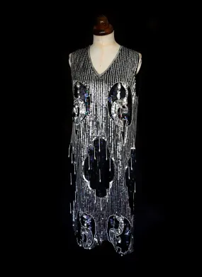 Vintage 80s Silver Sequin 20s Style Flapper Dress