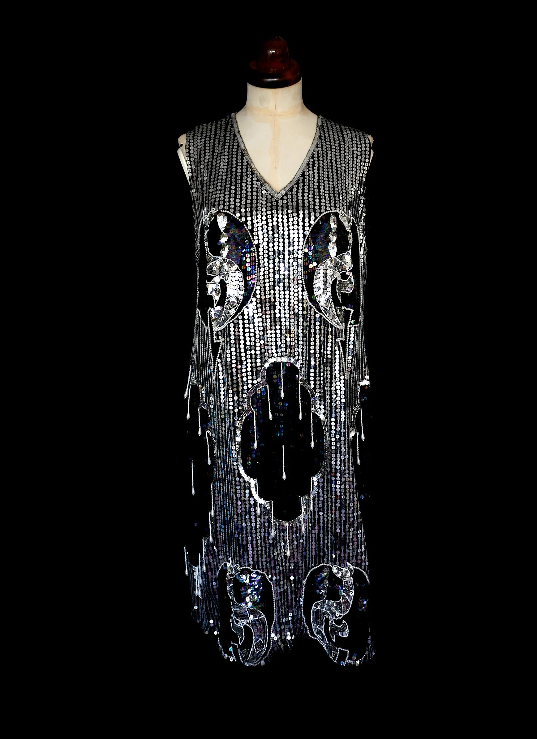 Vintage 80s Silver Sequin 20s Style Flapper Dress