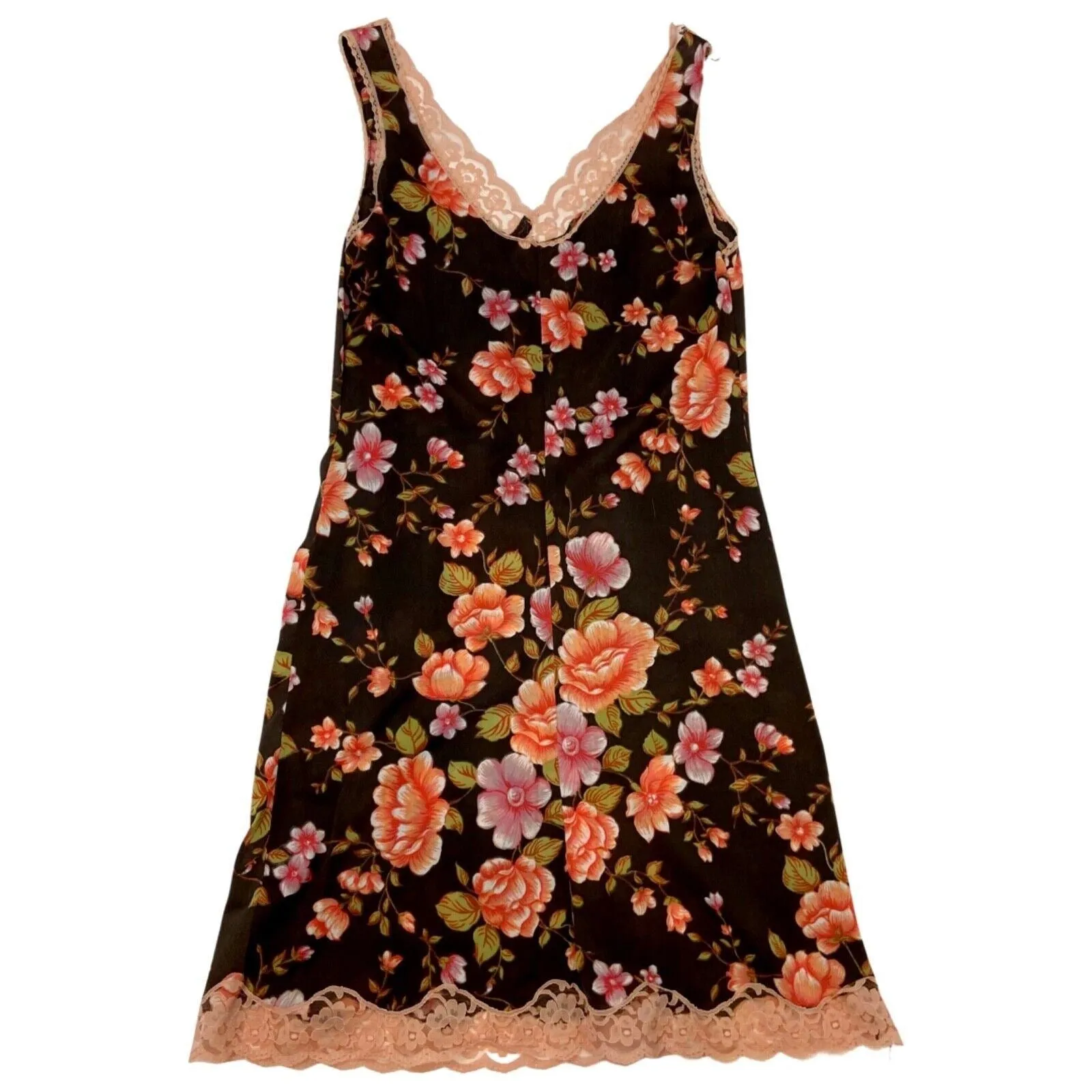 Vintage 90s Brown Pink Floral Lace Slip Dress 8 10 S