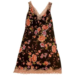 Vintage 90s Brown Pink Floral Lace Slip Dress 8 10 S