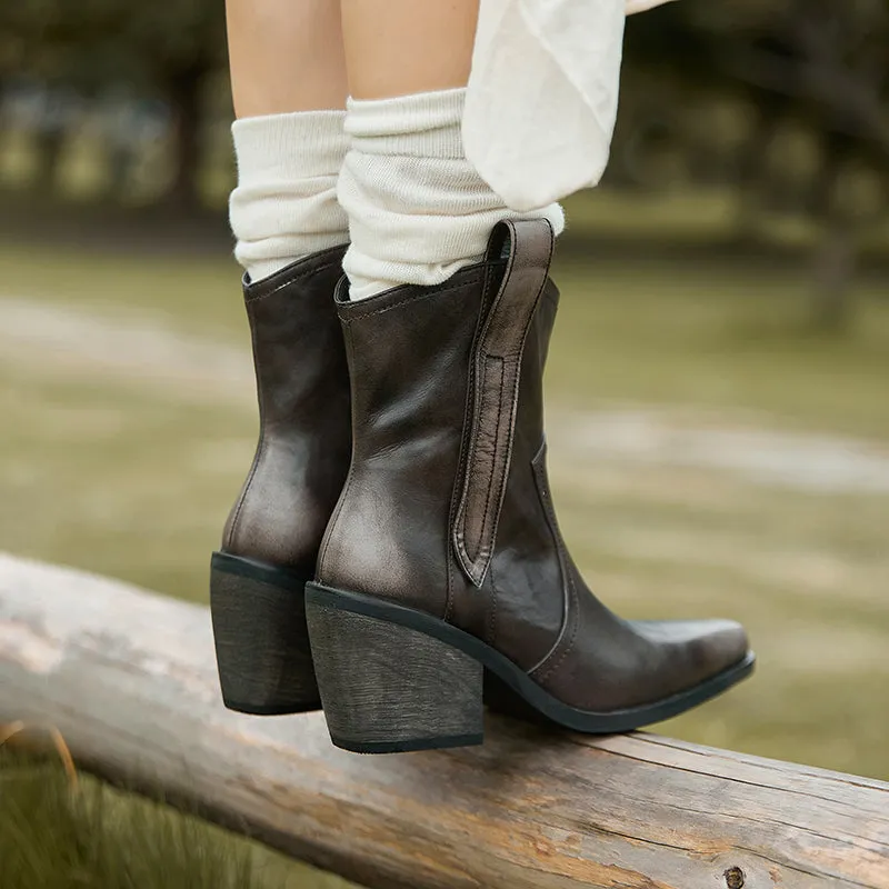 Vintage Western Point Toe Cowgirl Boots Handmade Leather Ankle Boots in Dark Brown/Khaki