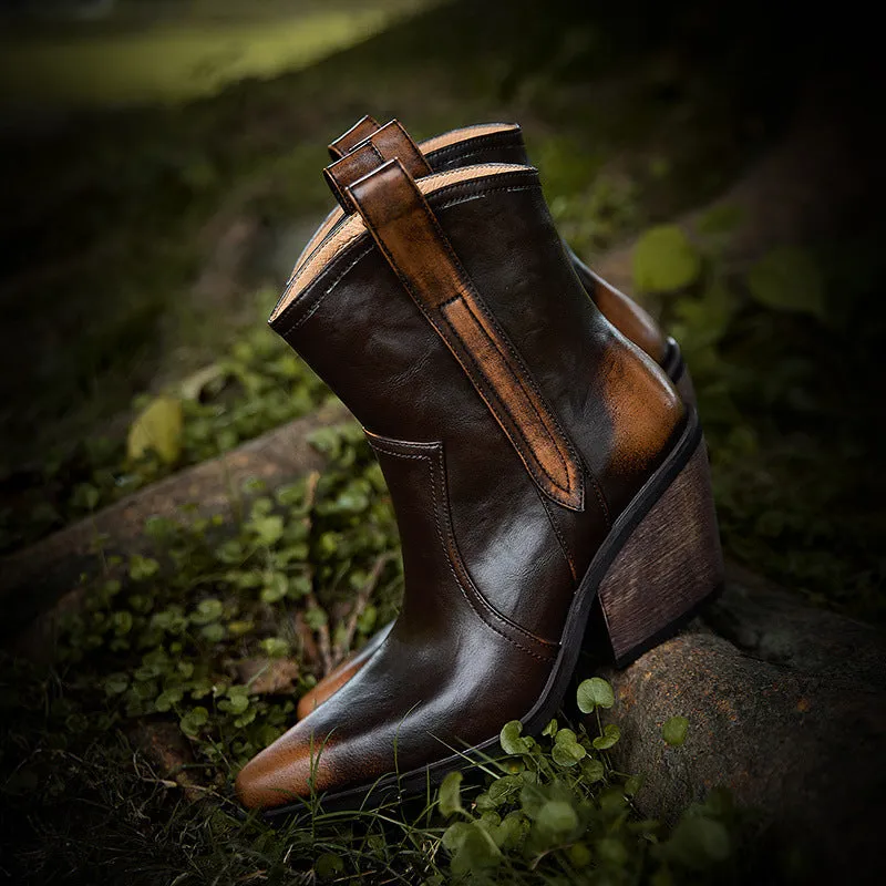 Vintage Western Point Toe Cowgirl Boots Handmade Leather Ankle Boots in Dark Brown/Khaki