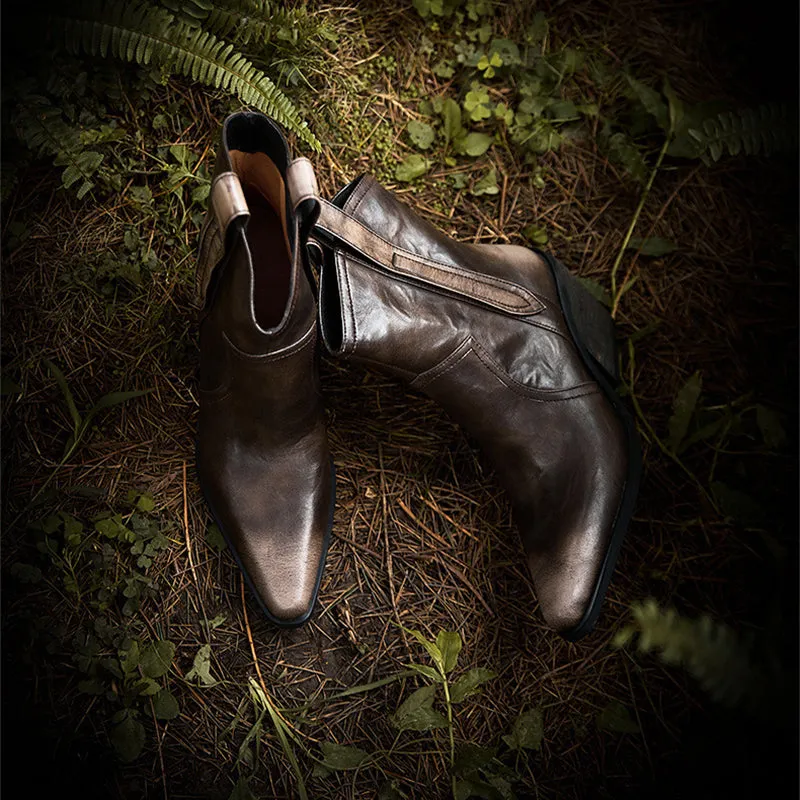 Vintage Western Point Toe Cowgirl Boots Handmade Leather Ankle Boots in Dark Brown/Khaki