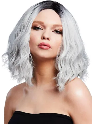 Wavy Ice Silver Womens Costume Wig with Dark Roots