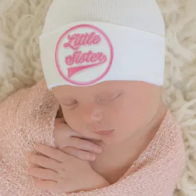 White Color Newborn Baby Girl Hospital Beanie Hat, Baseball Font - Little Brother Patch - Red and Navy Blue