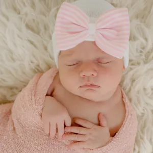 White Newborn Baby Girl Hospital Beanie Hat with Pink and White Striped Bow Infant Hat Newborn Hat