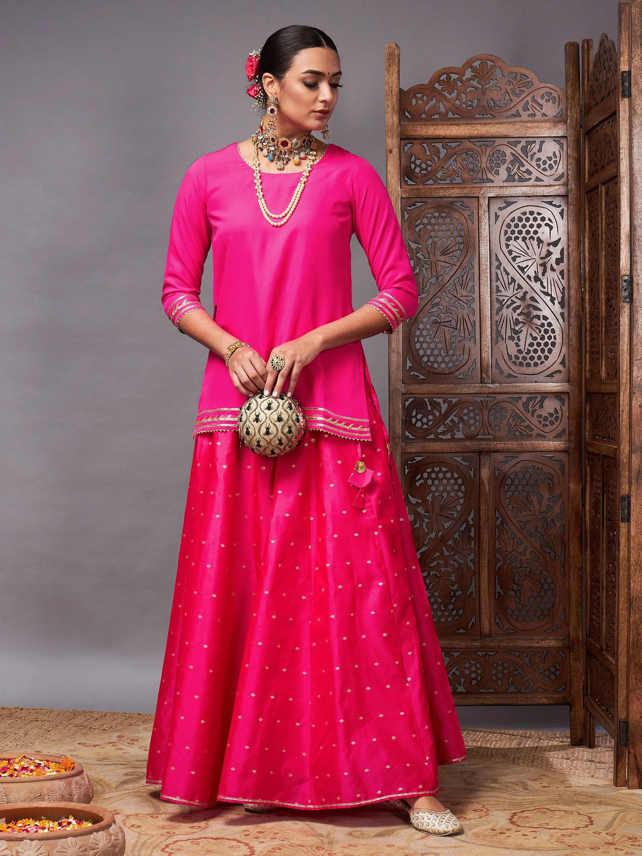 Women Fuchsia Banjara Top With Jacquard Anarkali Skirt