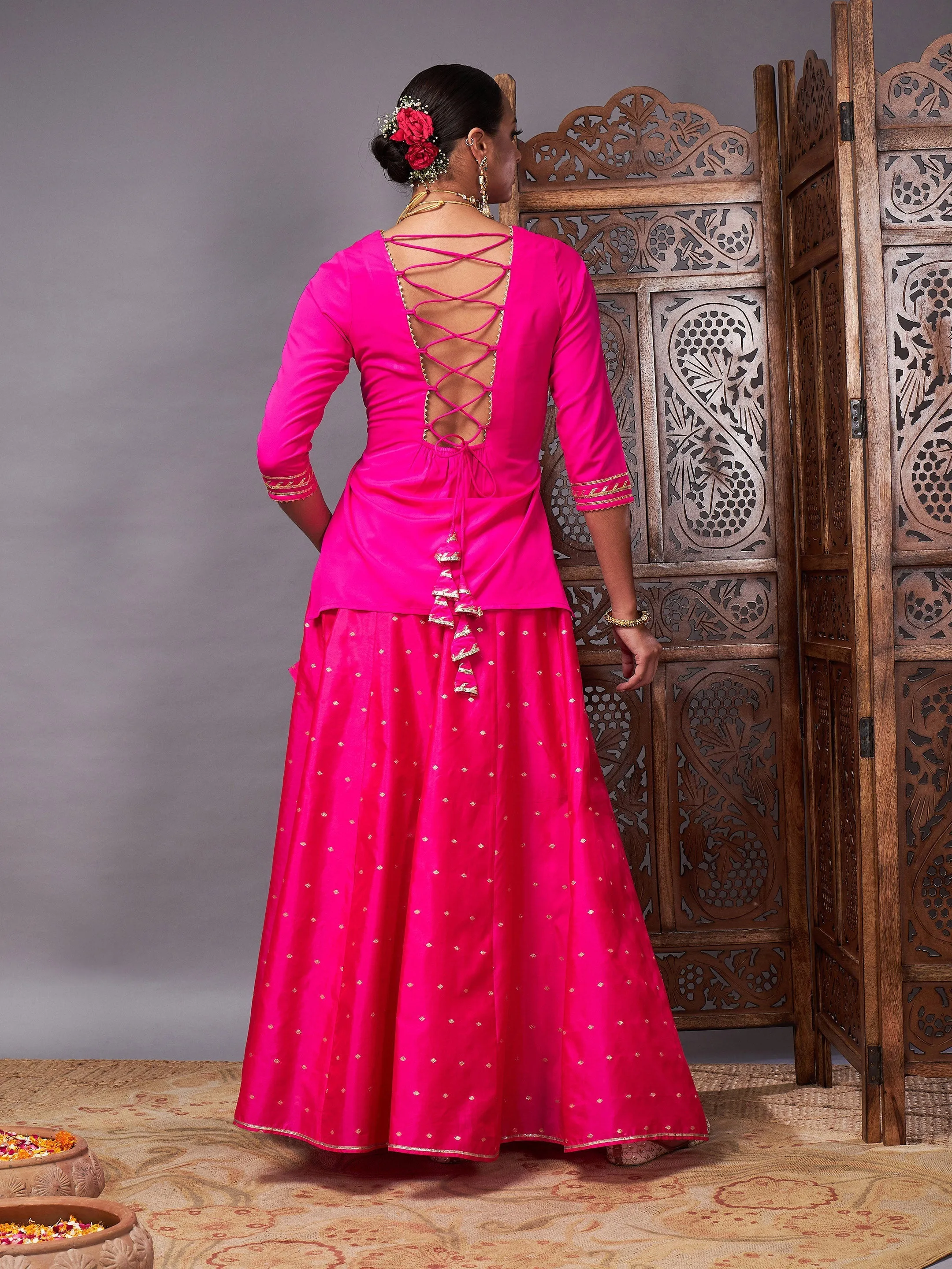 Women Fuchsia Banjara Top With Jacquard Anarkali Skirt