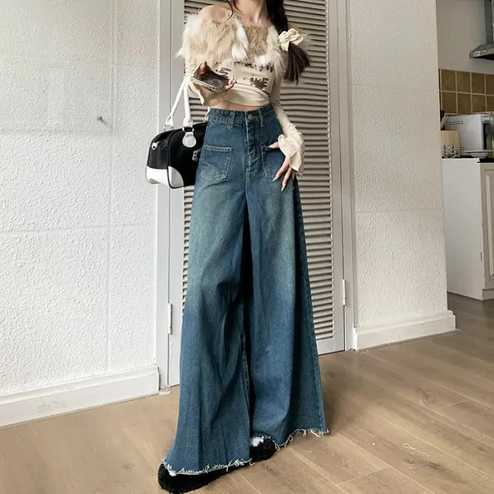 Women Spring New Waist Design Niche Loose Skinny Straight Leg Skirt Jeans