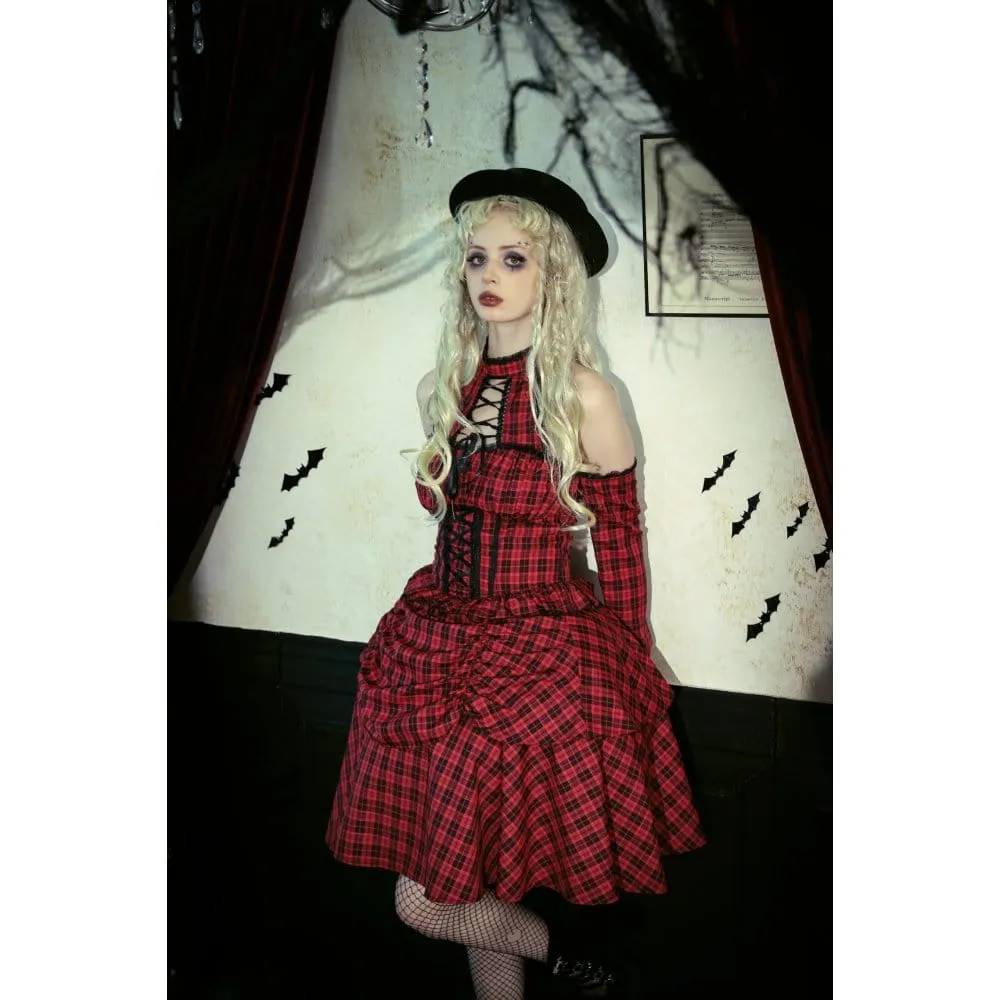 Women's Grunge Lace-up Plaid Dress with Gloves Red