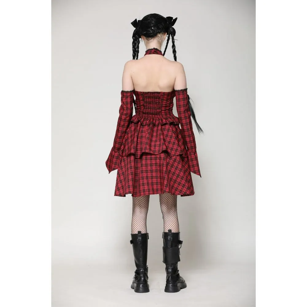 Women's Grunge Lace-up Plaid Dress with Gloves Red