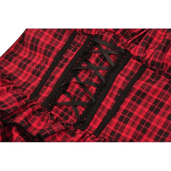 Women's Grunge Lace-up Plaid Dress with Gloves Red