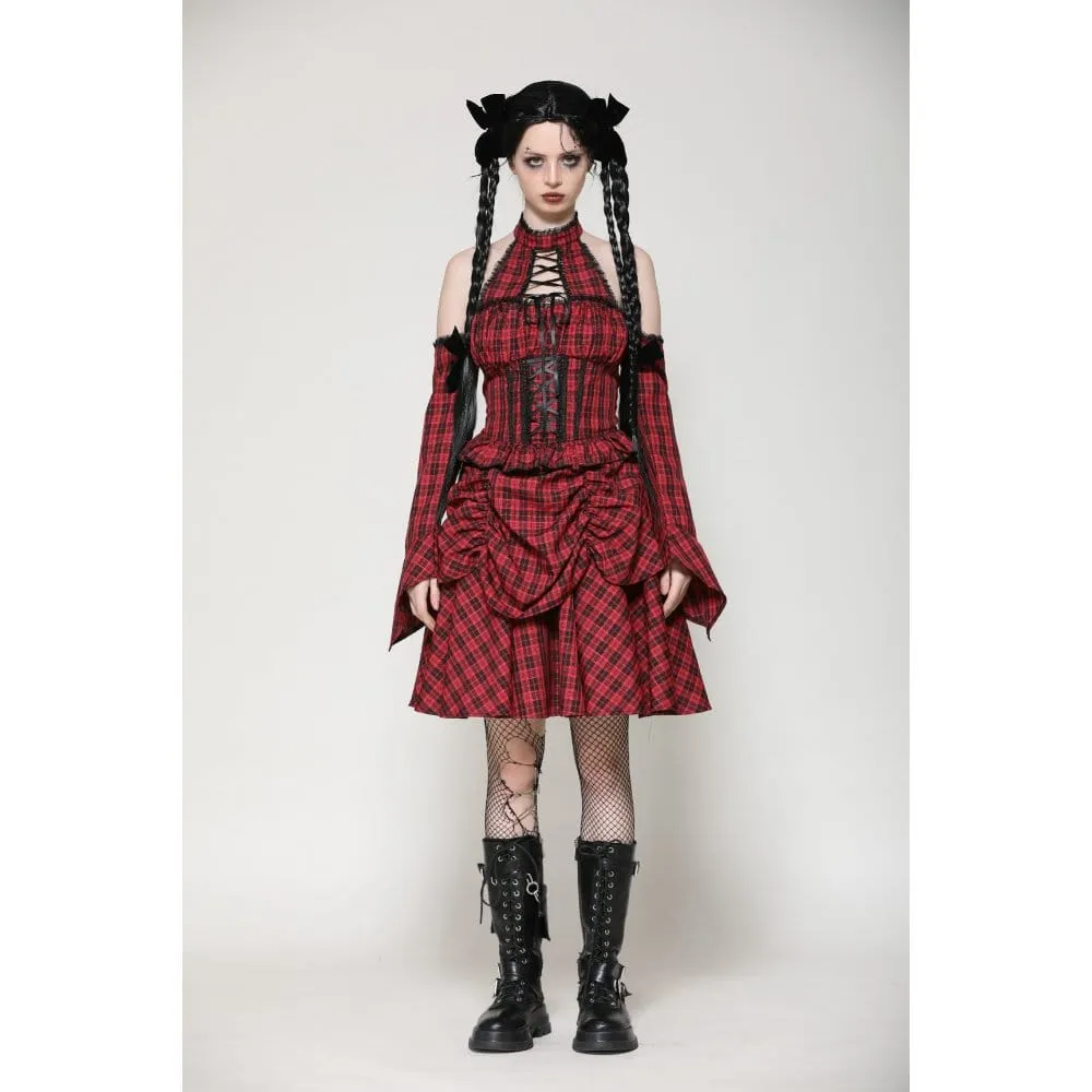 Women's Grunge Lace-up Plaid Dress with Gloves Red