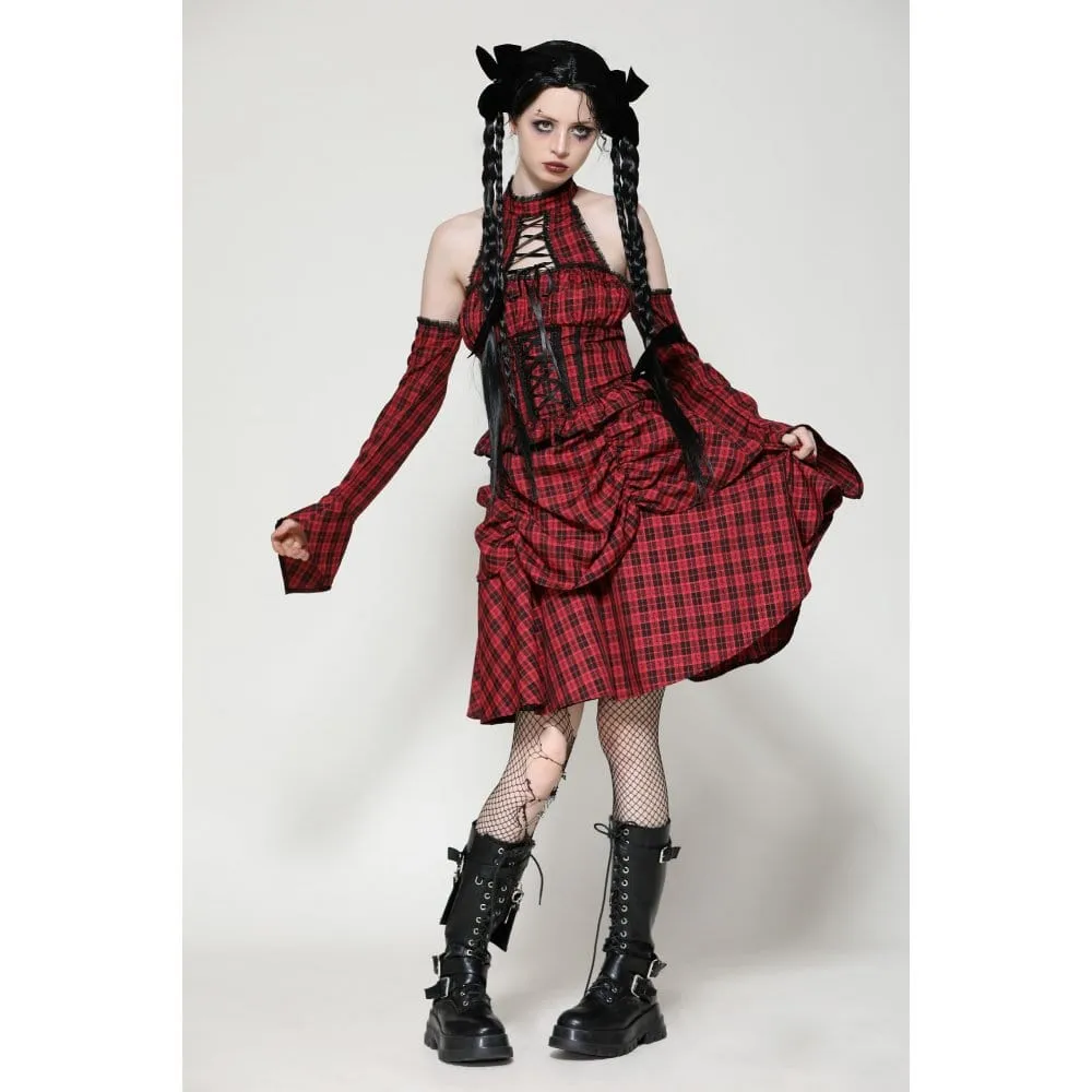 Women's Grunge Lace-up Plaid Dress with Gloves Red