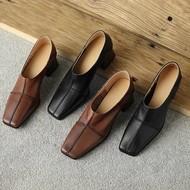 Womens Handmade Soft Leather Square Toe Block Heel Slip On Pumps in Brown/Black