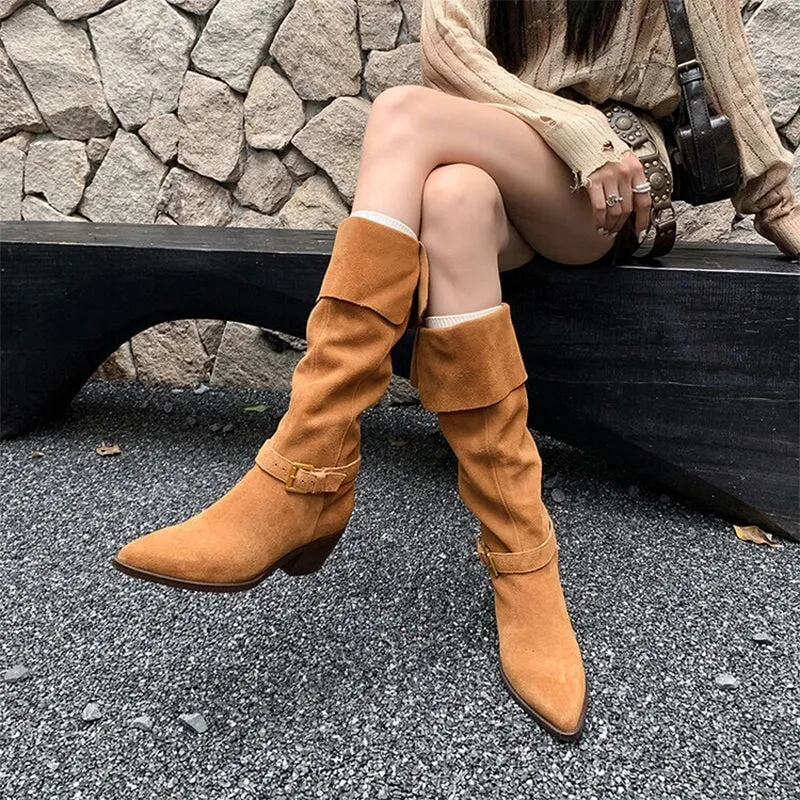 Women's Western R Toe Block Heel Folded Knee High Boots In Black/Camel for Autumn