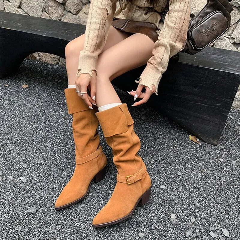 Women's Western R Toe Block Heel Folded Knee High Boots In Black/Camel for Autumn