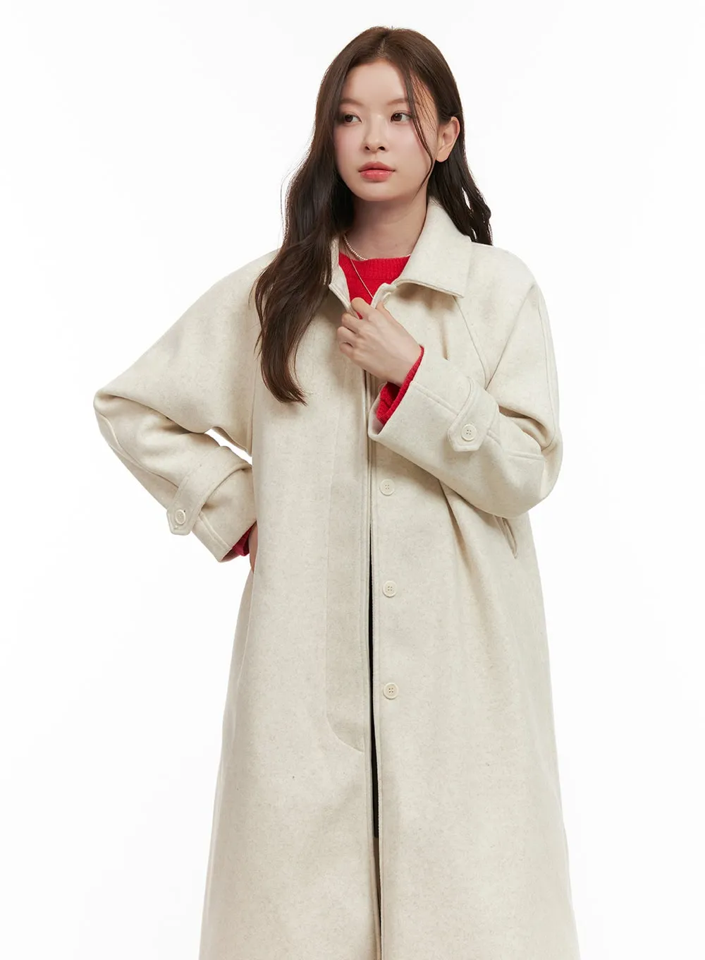 Wool Blend Buttoned Long Coat OD403