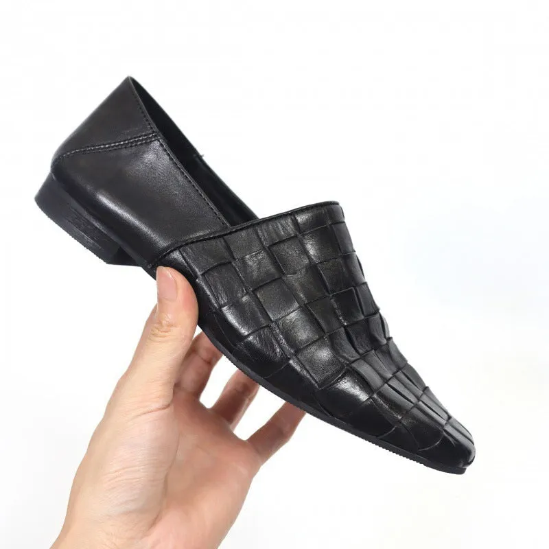 Woven Handmade Horse Leather Loafers For Women Square Toe Flats In Black